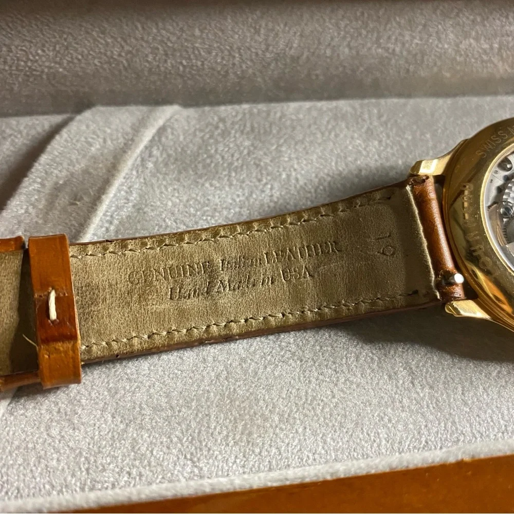 Tourneau 18K Gold Open Heart Brown Leather Watch Vintage 30022